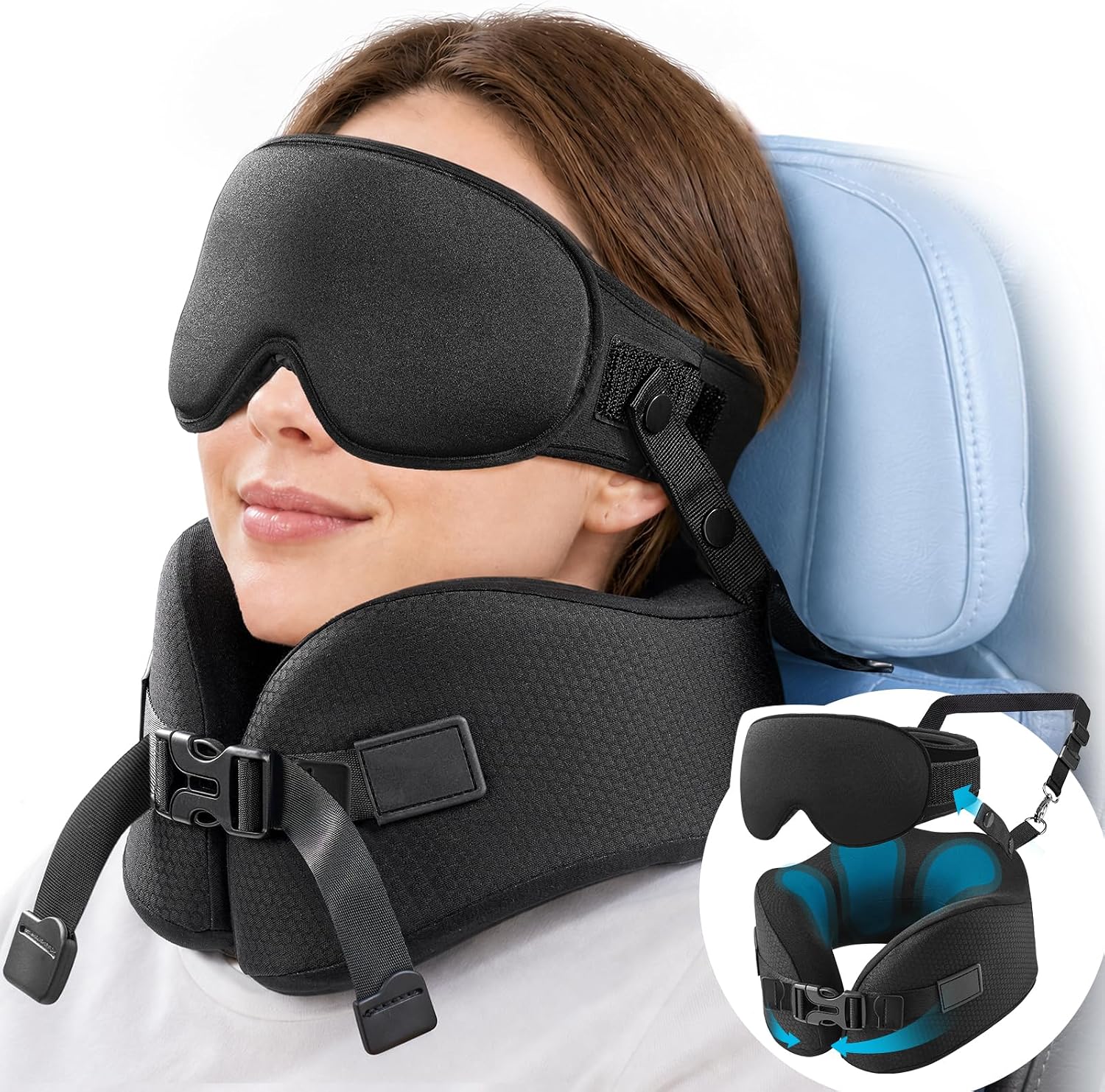 YFONG Travel Pillow with 3D Sleep Mask for Long Flights, 360° Ergonomic Memory Foam Neck Support