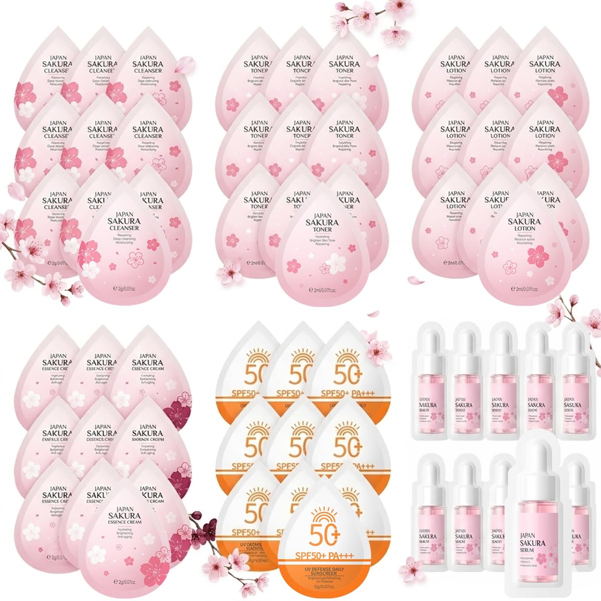 Tiejdhr 60-Piece Mini Travel Skincare Set with Cleanser, Toner, Lotion, Serum, Essence Cream & SPF50+ PA+++ Sunscreen